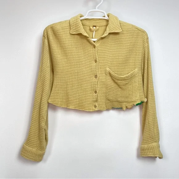 Free People Scout Cropped Jacket Top Buttondown Cotton Oversized Small Mustard - Picture 8 of 14